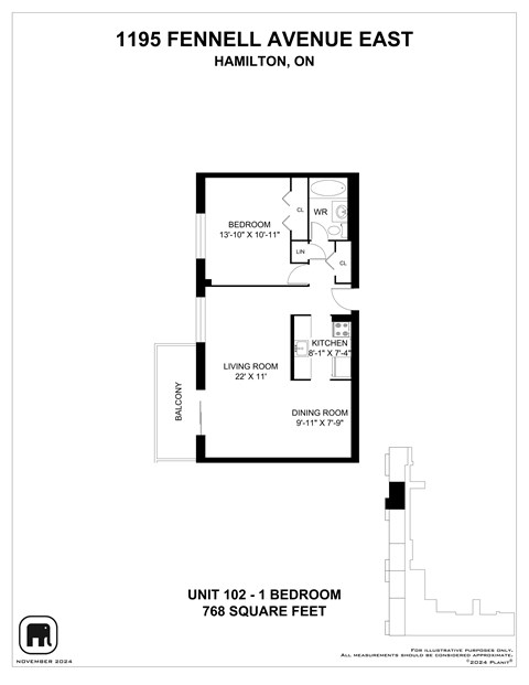 Floor plan for 1 bed, 1 bath, 767 sqft